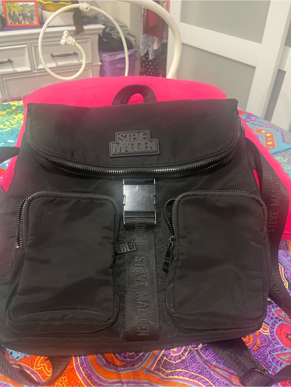 Steve Madden Black Nylon Travel Backpack with Front Pockets